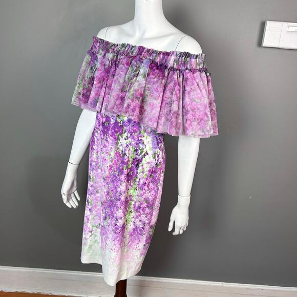 Badgley Mischka dress size 8 off shoulder floral pastel gauze Dolly Regencycore